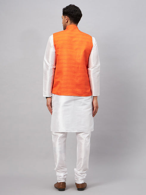 Vastramay Men's Orange Matka Silk Nehru Jacket With White Silk Blend Kurta Pyjama Set